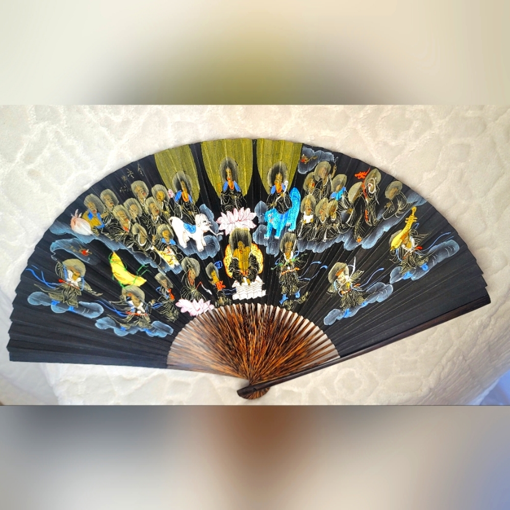 Hand-painted Antique Buddhist gods fan. Painted uniquely on both sides. Majestic
